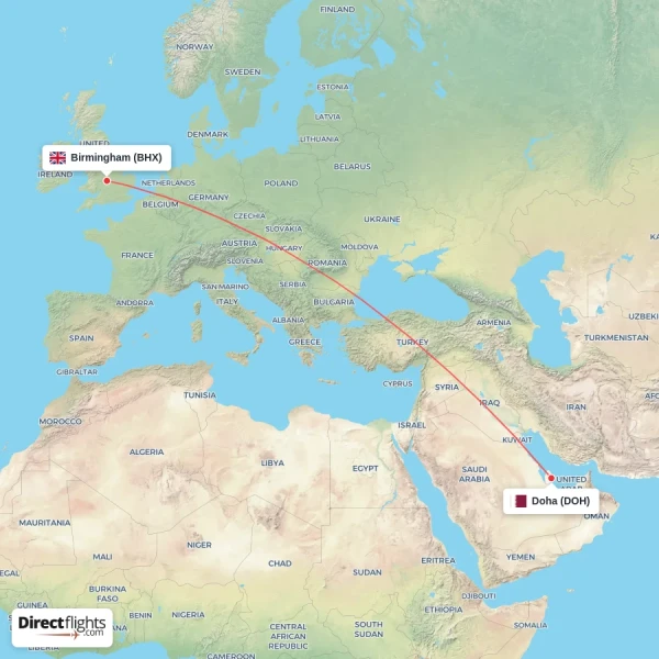 Birmingham - Doha direct flight map