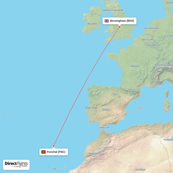 Birmingham - Funchal direct flight map