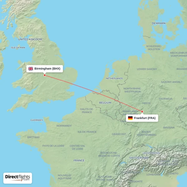 Birmingham - Frankfurt direct flight map