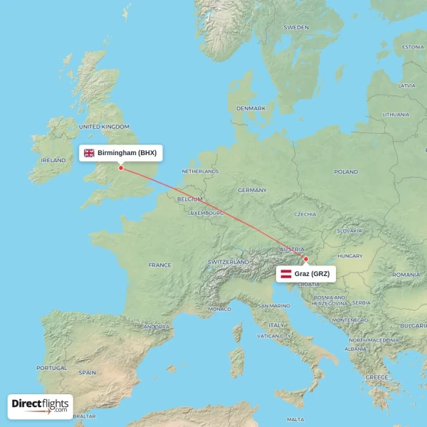 Birmingham - Graz direct flight map