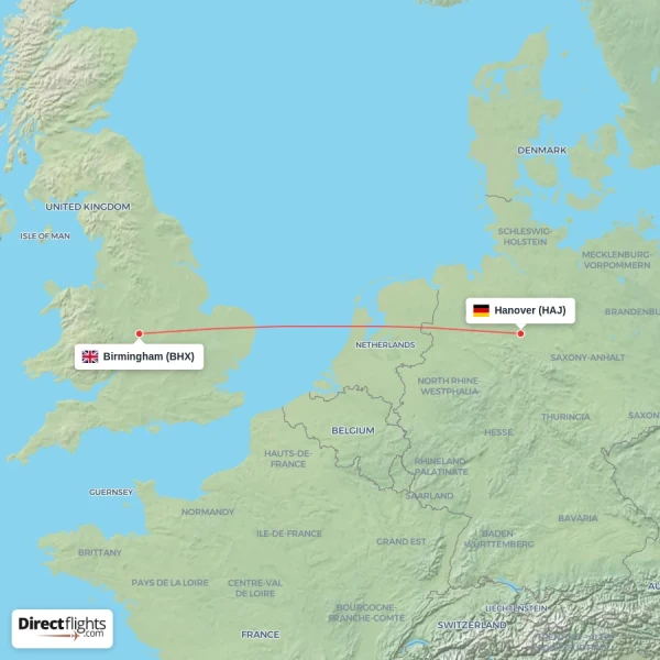 Birmingham - Hanover direct flight map