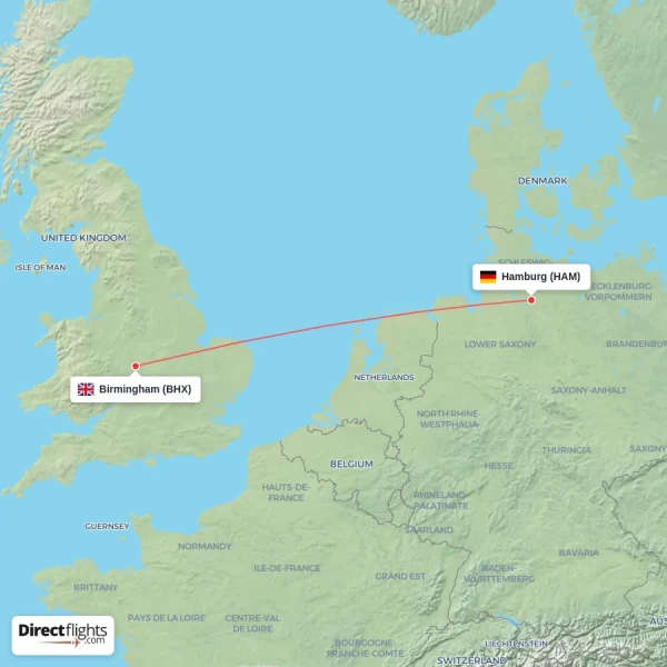 Birmingham - Hamburg direct flight map