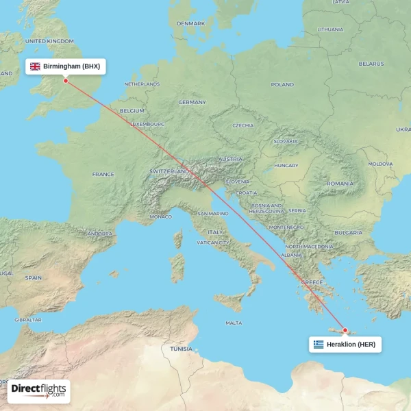 Birmingham - Heraklion direct flight map