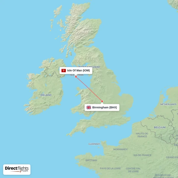 Birmingham - Isle Of Man direct flight map