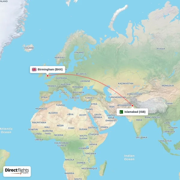 Birmingham - Islamabad direct flight map