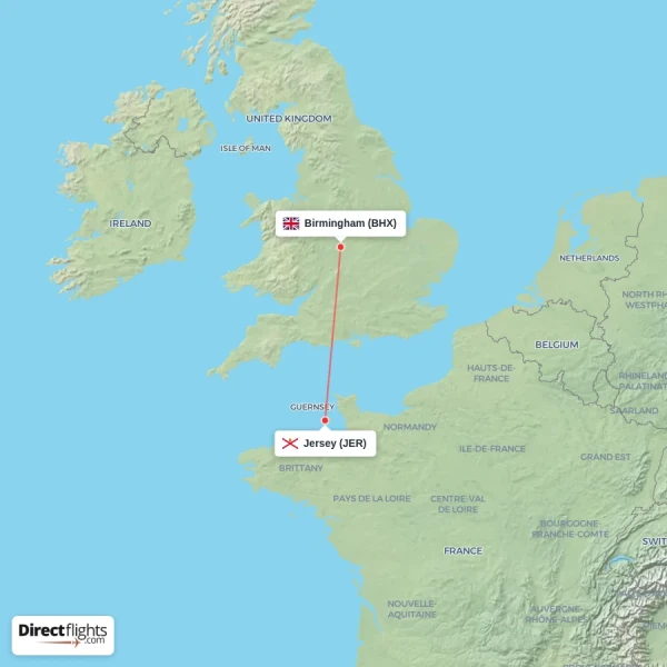 Birmingham - Jersey direct flight map