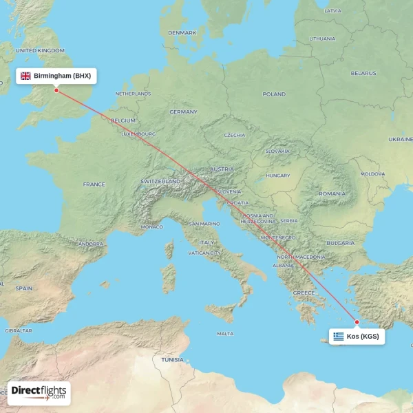 Birmingham - Kos direct flight map