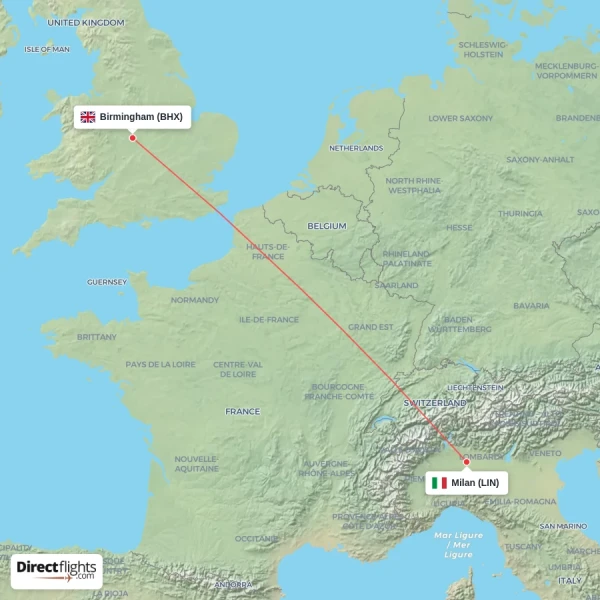 Birmingham - Milan direct flight map