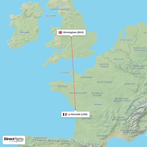 Birmingham - La Rochelle direct flight map