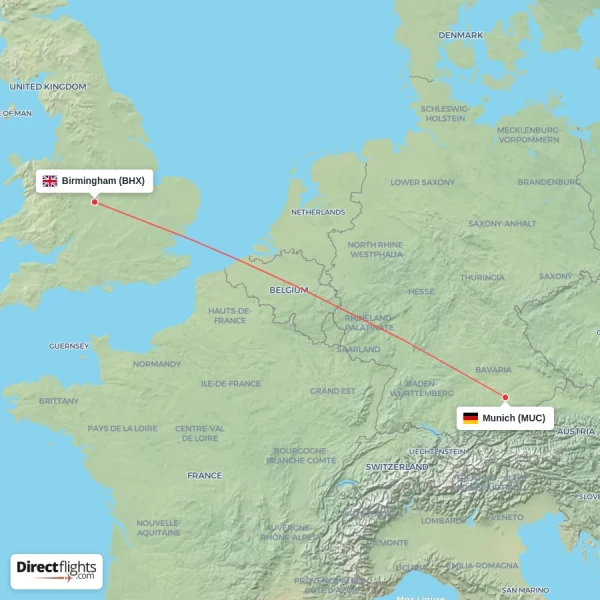 Birmingham - Munich direct flight map