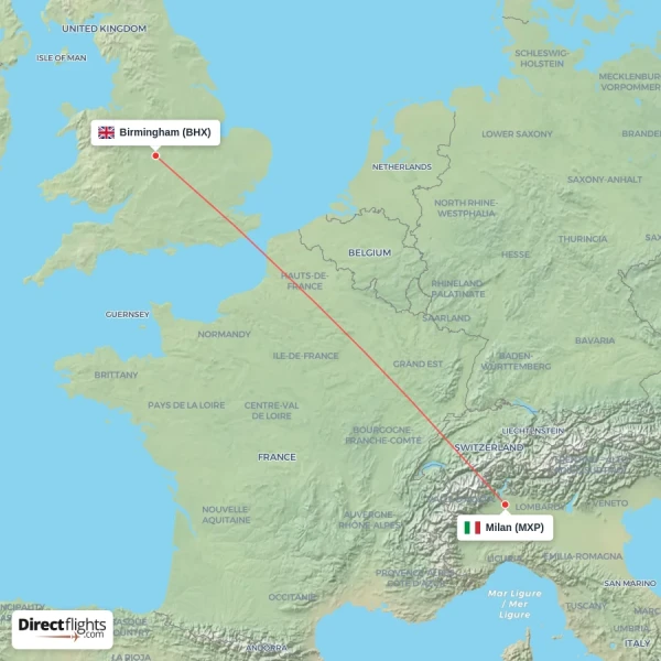 Birmingham - Milan direct flight map