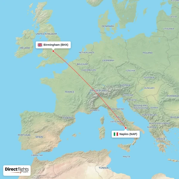 Birmingham - Naples direct flight map