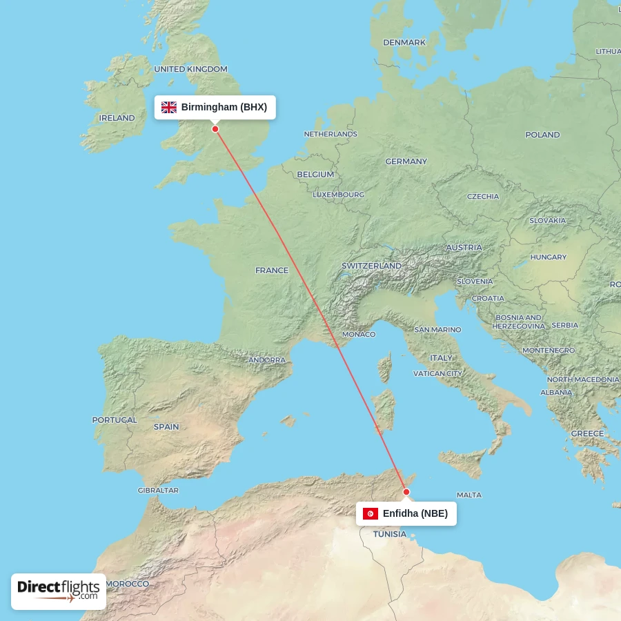 BHX - NBE route map