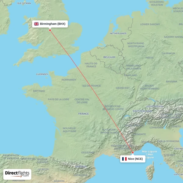 Birmingham - Nice direct flight map