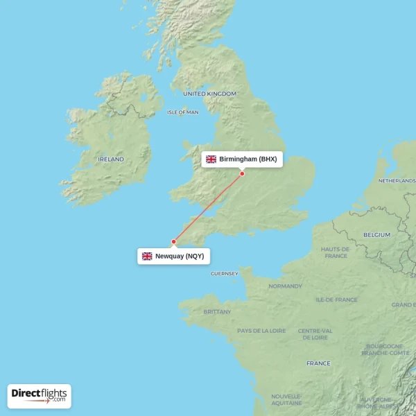 Birmingham - Newquay direct flight map