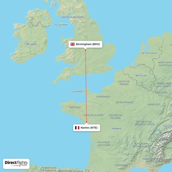 Birmingham - Nantes direct flight map