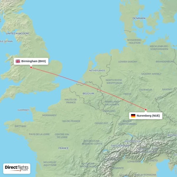 Birmingham - Nuremberg direct flight map