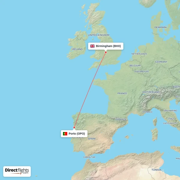 Birmingham - Porto direct flight map