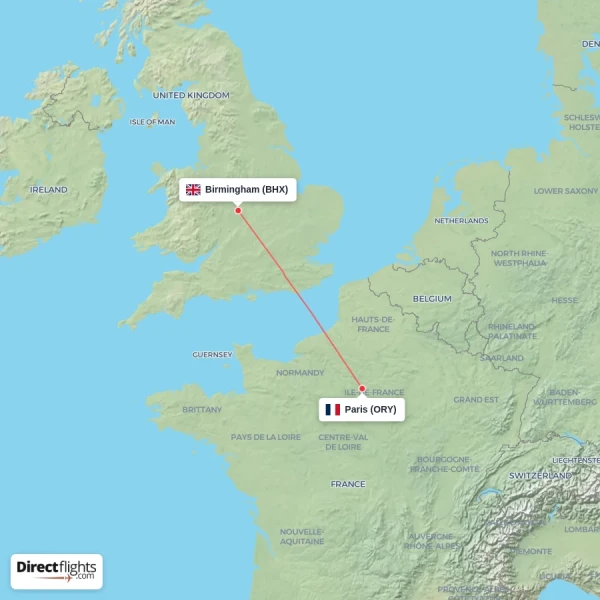 Birmingham - Paris direct flight map