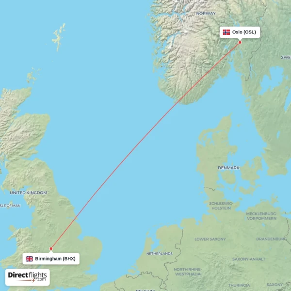 Birmingham - Oslo direct flight map