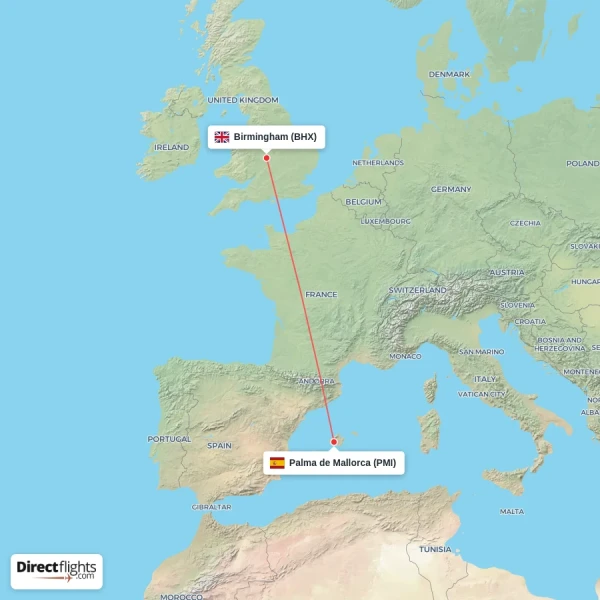 Birmingham - Palma de Mallorca direct flight map