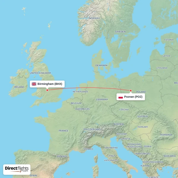 Birmingham - Poznan direct flight map