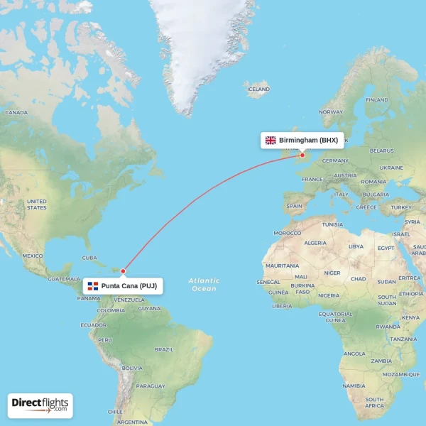 Birmingham - Punta Cana direct flight map