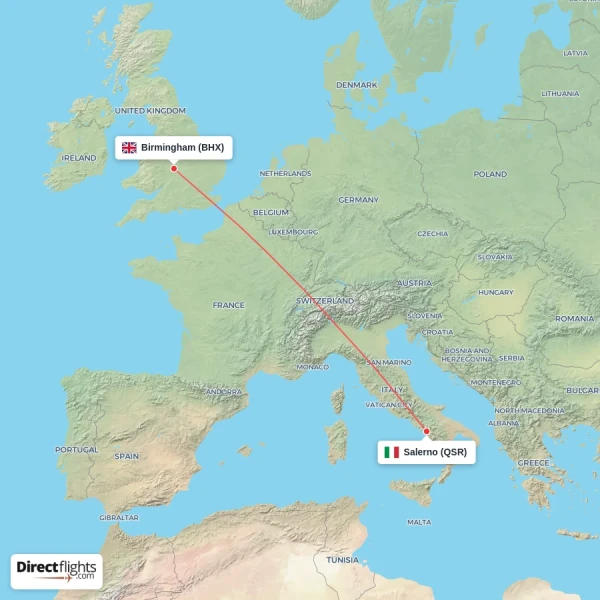 Birmingham - Salerno direct flight map