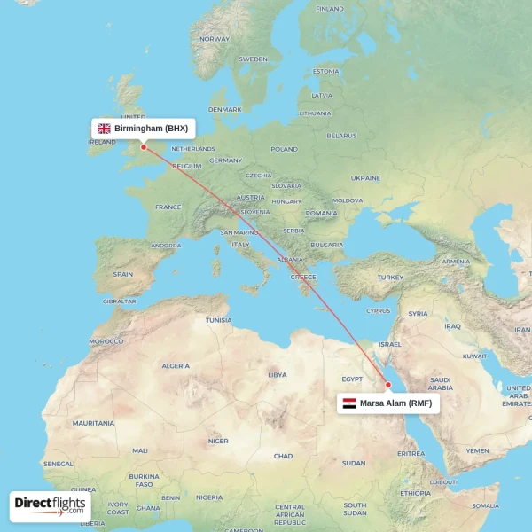 Birmingham - Marsa Alam direct flight map