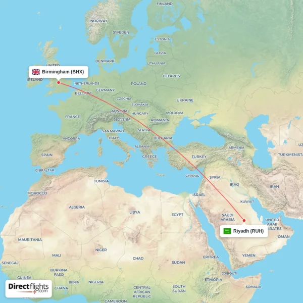 Birmingham - Riyadh direct flight map