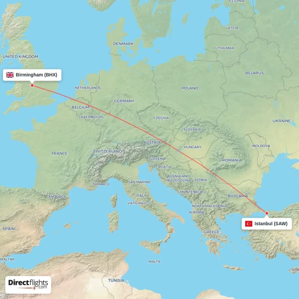 Birmingham - Istanbul direct flight map
