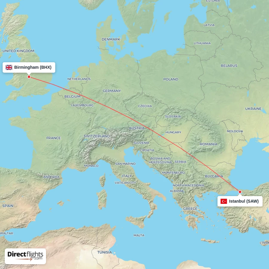 BHX - SAW route map