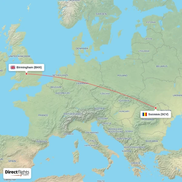 Birmingham - Suceava direct flight map