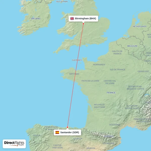 Birmingham - Santander direct flight map