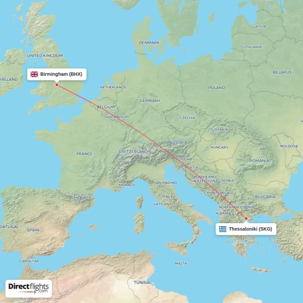 Birmingham - Thessaloniki direct flight map