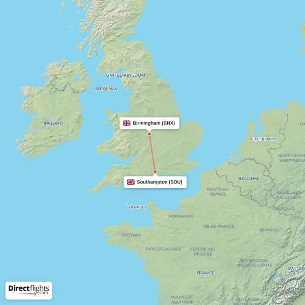 Birmingham - Southampton direct flight map