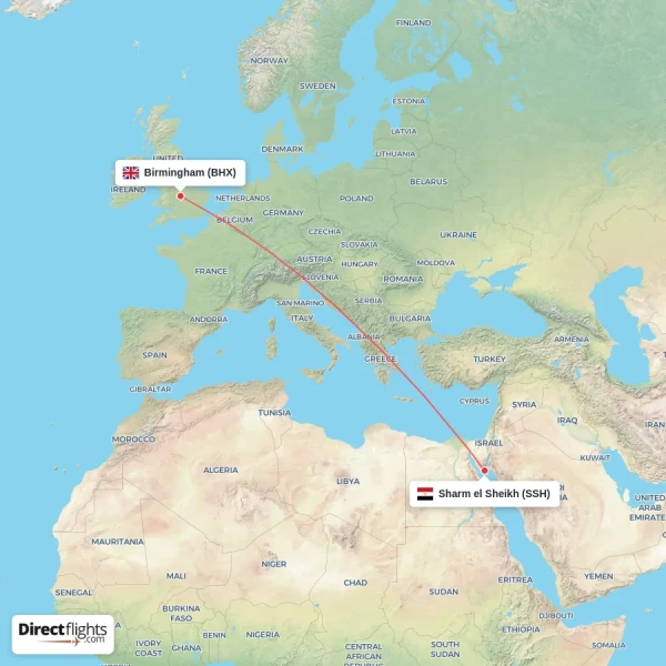 Birmingham - Sharm el Sheikh direct flight map