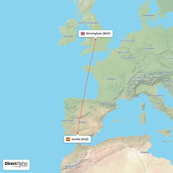 Birmingham - Sevilla direct flight map