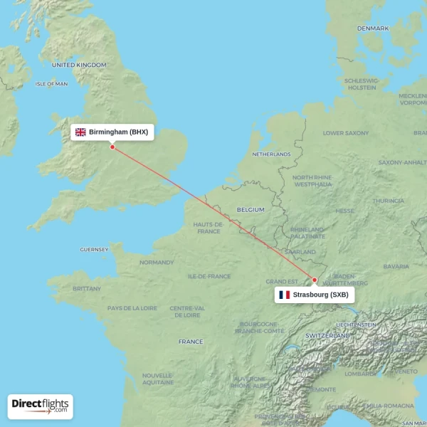 Birmingham - Strasbourg direct flight map