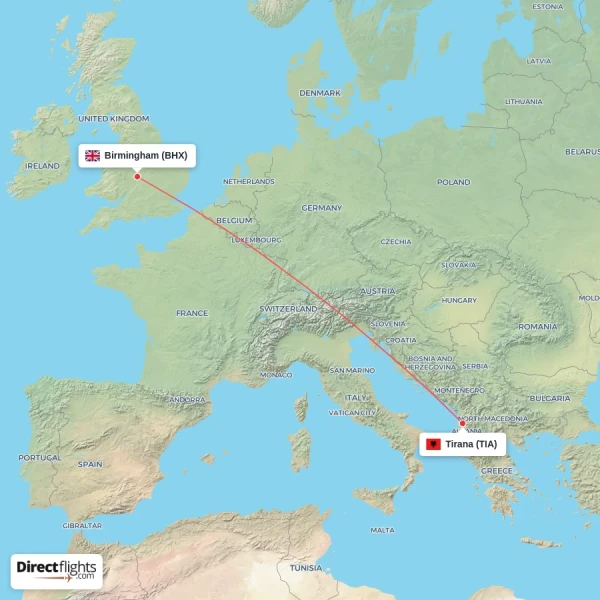 Birmingham - Tirana direct flight map