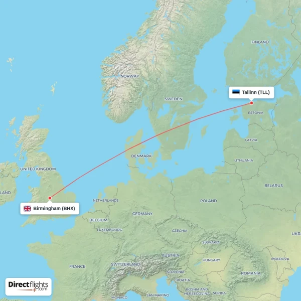 Birmingham - Tallinn direct flight map