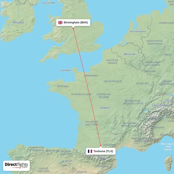 Birmingham - Toulouse direct flight map