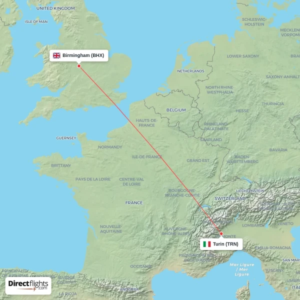 Birmingham - Turin direct flight map