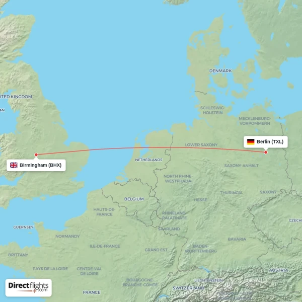 Birmingham - Berlin direct flight map