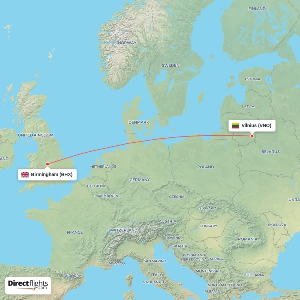Birmingham - Vilnius direct flight map