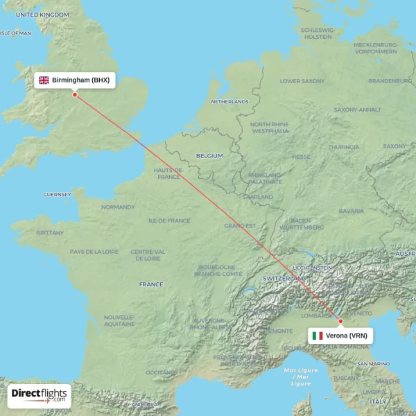 Birmingham - Verona direct flight map