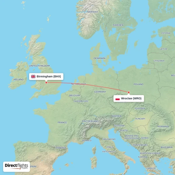 Birmingham - Wroclaw direct flight map