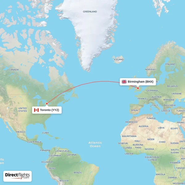 Birmingham - Toronto direct flight map