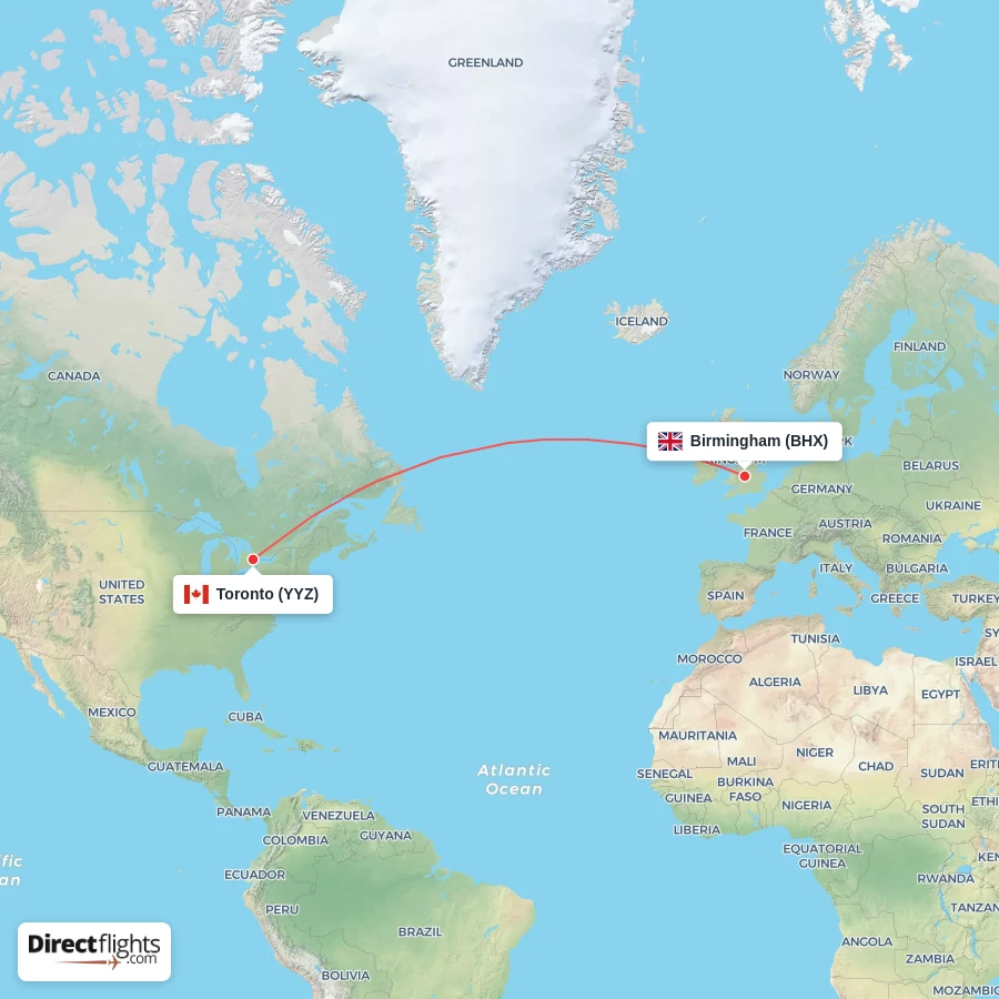 BHX - YYZ route map
