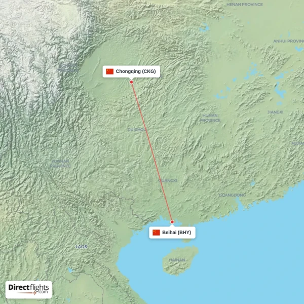 Beihai - Chongqing direct flight map